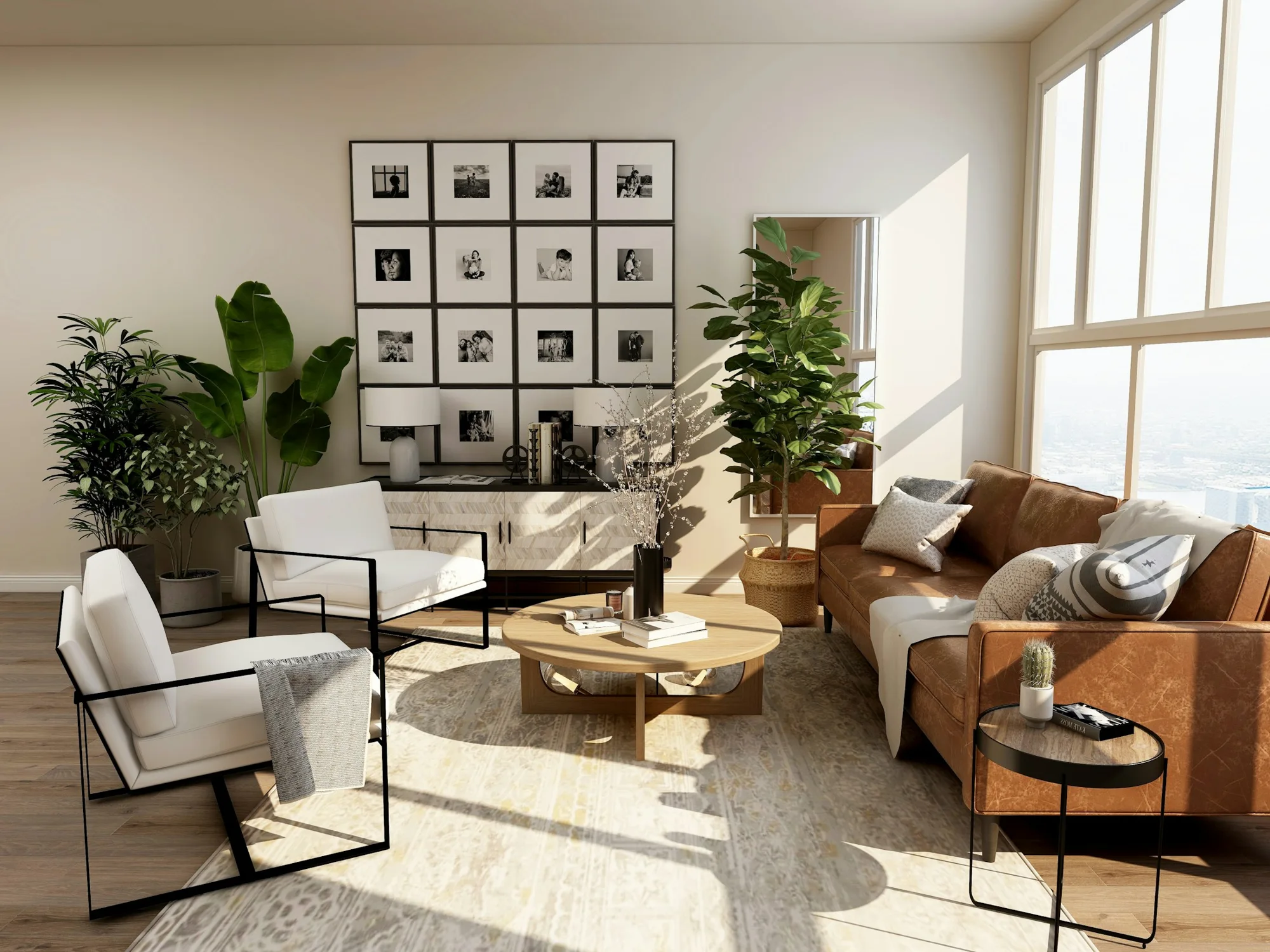 Sunlit interior with natural timber, textured upholstery and generous living space — design inspiration